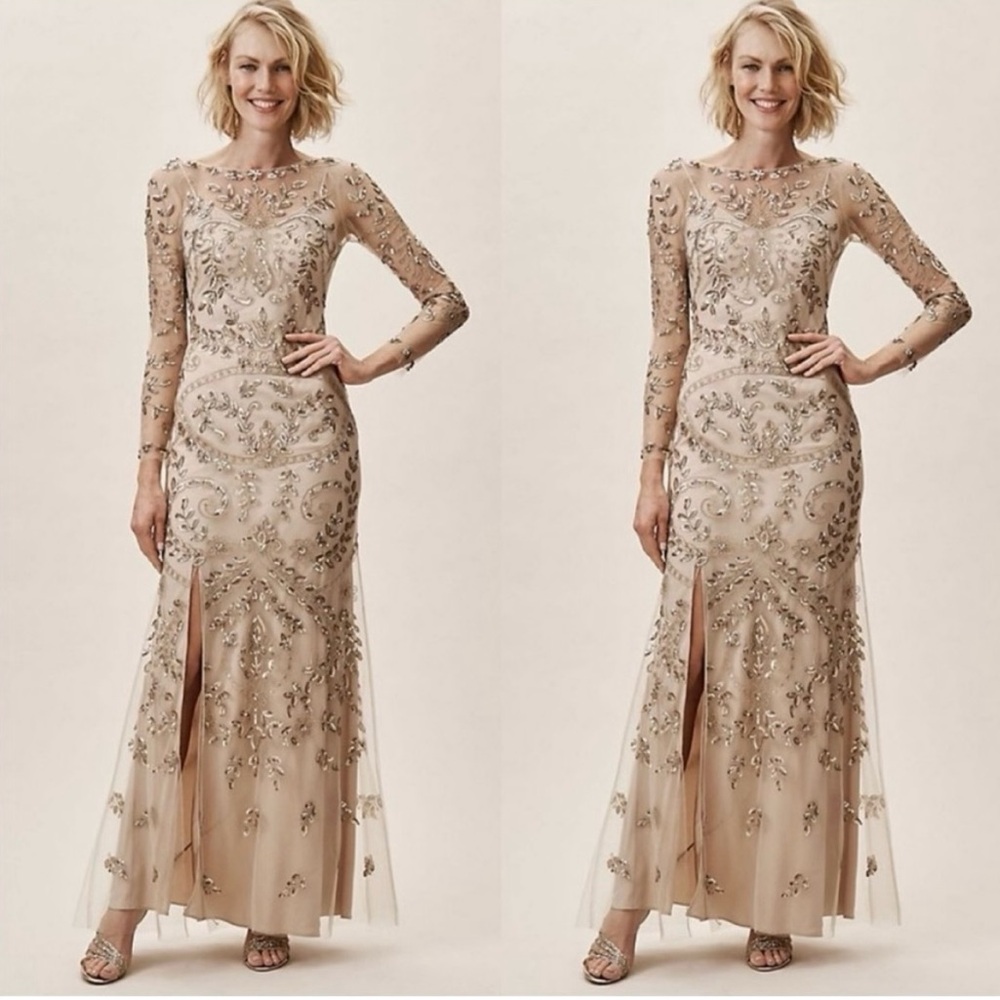 BHLDN Orva Dress Nude Gold Sequined Size 8